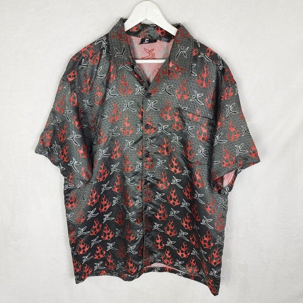 VTG Street Culture Button Up Shirt Men XL Black Red Flames Shiny Short Sleeve